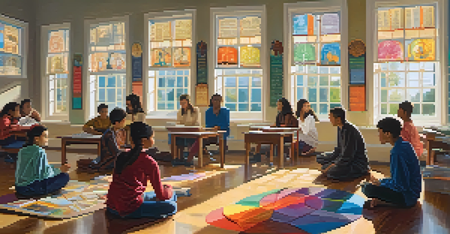 Students in a classroom exploring different religions with artifacts and texts, engaged in discussions.