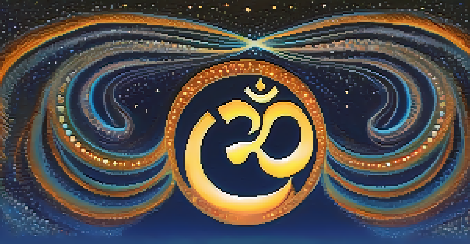 A glowing 'Om' symbol with colorful sound waves radiating from it, set in a starry cosmic background.