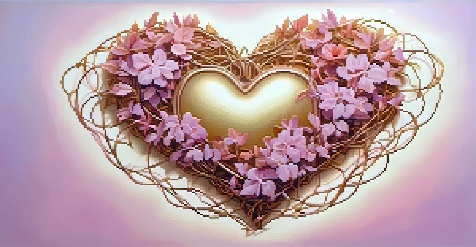 An artistic heart made of vines and flowers, glowing softly, symbolizing compassion and forgiveness.