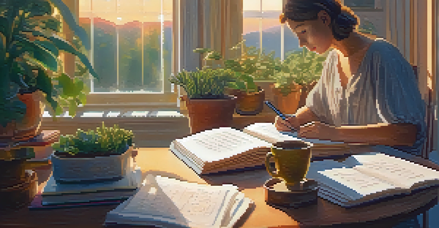 A person writing in a gratitude journal by a window during sunset, with warm light and plants around them.