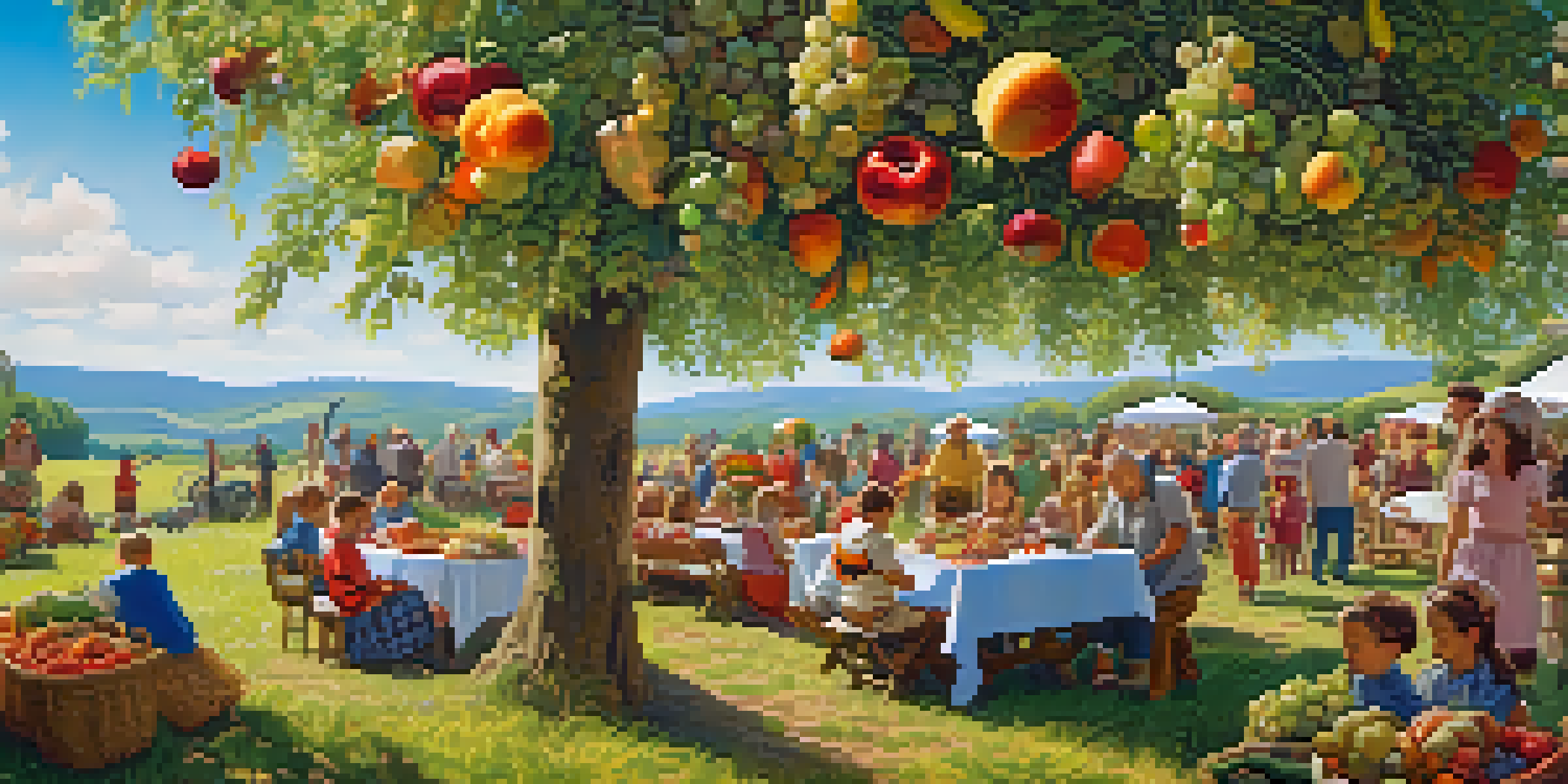 A joyful harvest festival in a meadow with people celebrating around a table full of fruits and vegetables under a clear blue sky.