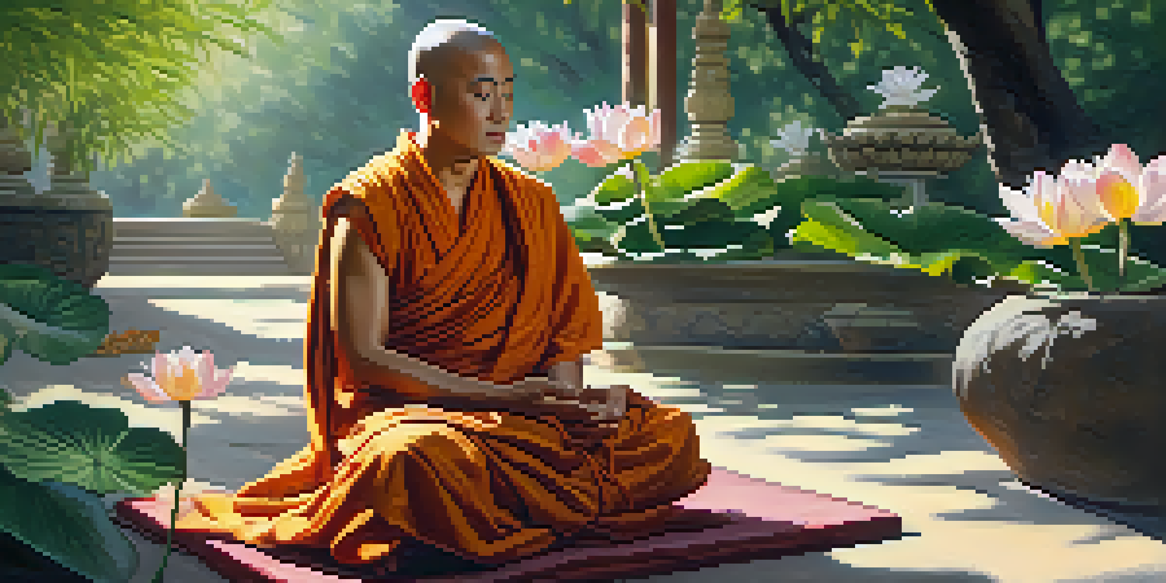 A peaceful scene of a Buddhist monk meditating in a garden filled with greenery and lotus flowers, with sunlight filtering through the trees.