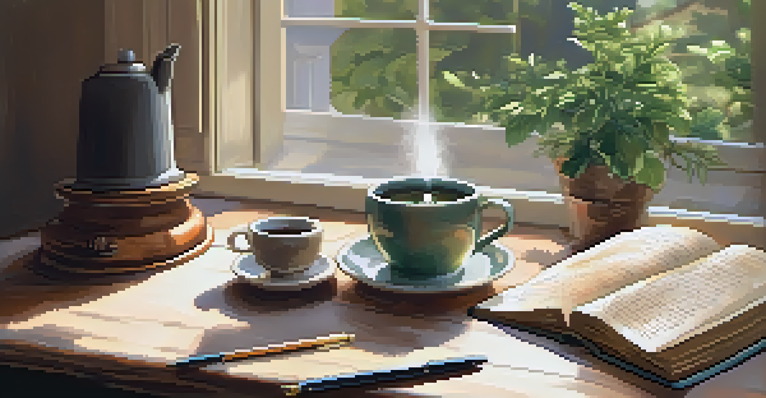 A cozy journaling nook by a window with an open journal, a fountain pen, a steaming cup of tea, and a potted plant.