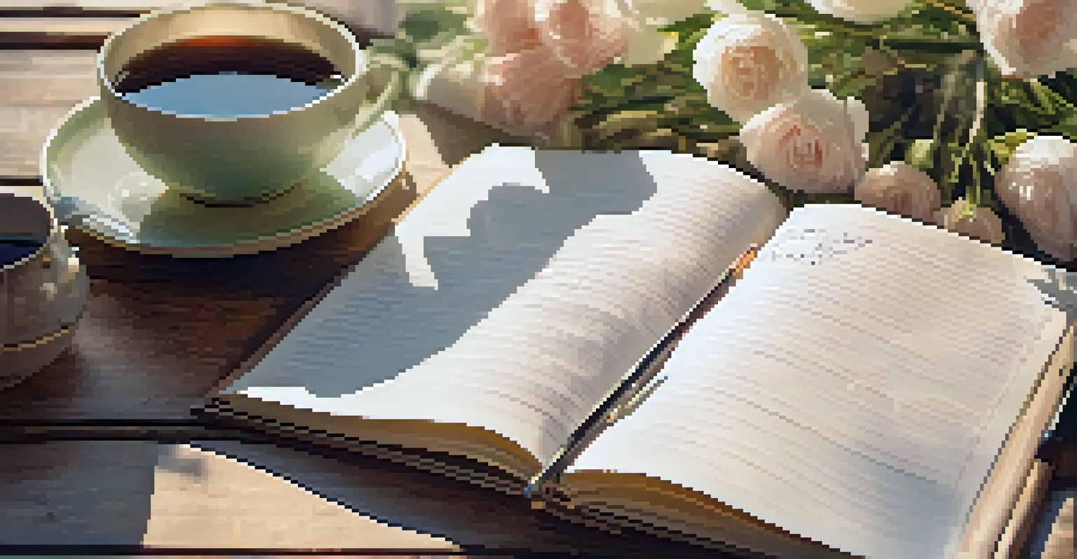 An open gratitude journal on a wooden table with handwritten entries, a pen, fresh flowers, and a cup of tea, all lit by natural light.