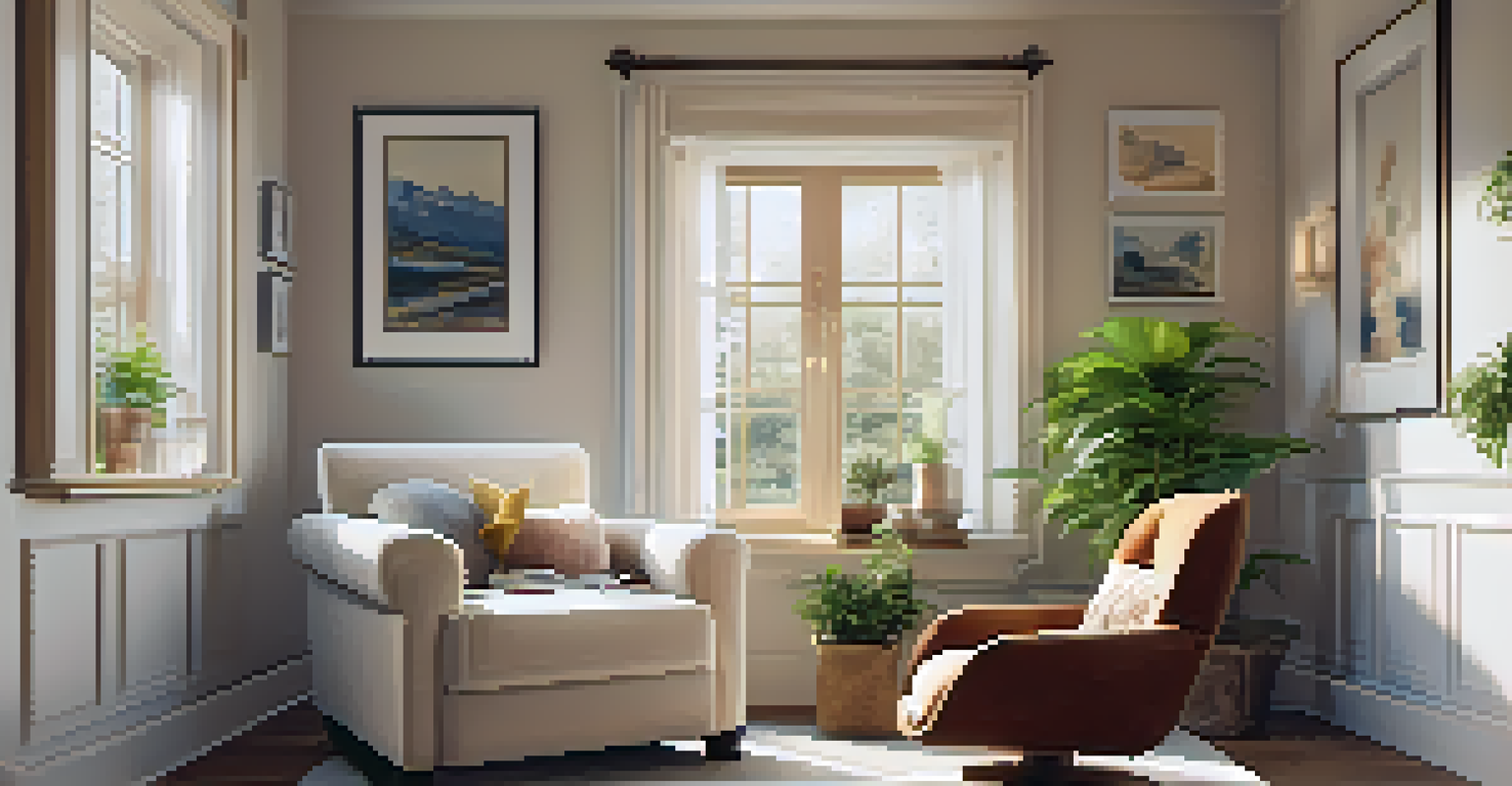 A cozy reading nook with natural light, featuring a comfortable chair, journals, crystals, and plants.