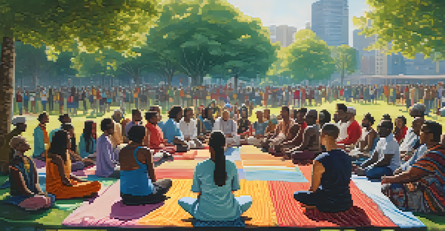 A multicultural group of people participating in a communal meditation session in an urban park, surrounded by trees and colorful decorations.