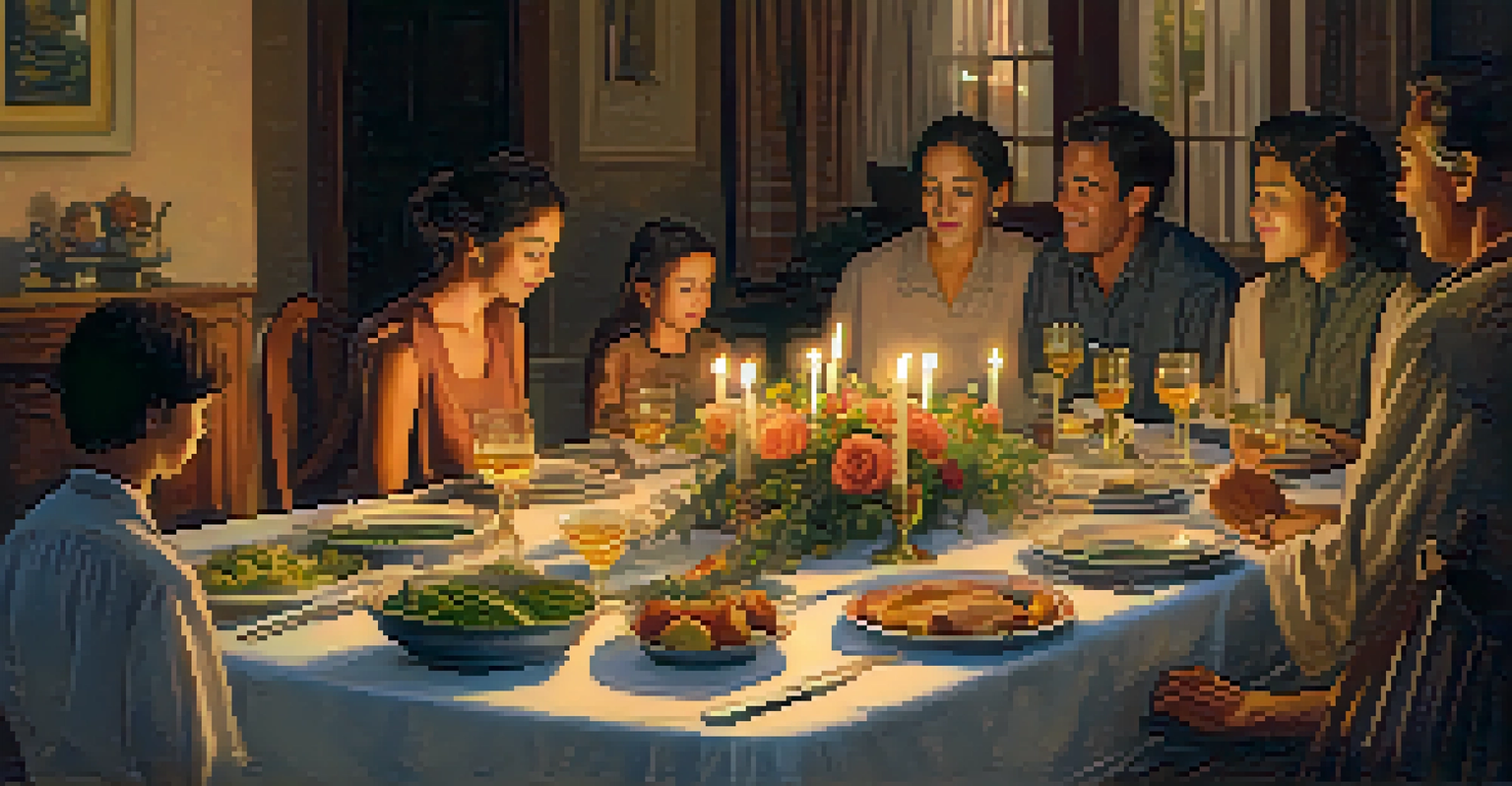 A family gathered around a dinner table, holding hands in a moment of reflection, with candles and flowers creating a warm atmosphere.