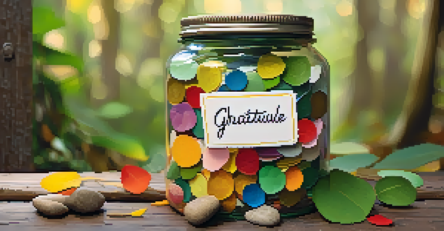 A colorful gratitude jar filled with notes of appreciation on a rustic wooden table, surrounded by nature, symbolizing thankfulness.