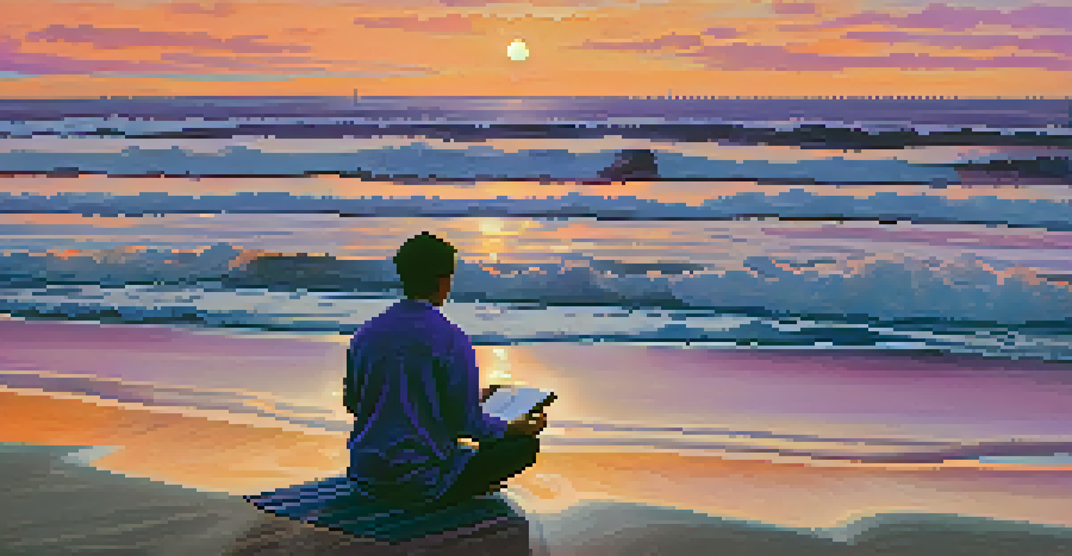 A person meditating on a beach at sunset, with a journal beside them and a colorful sky.