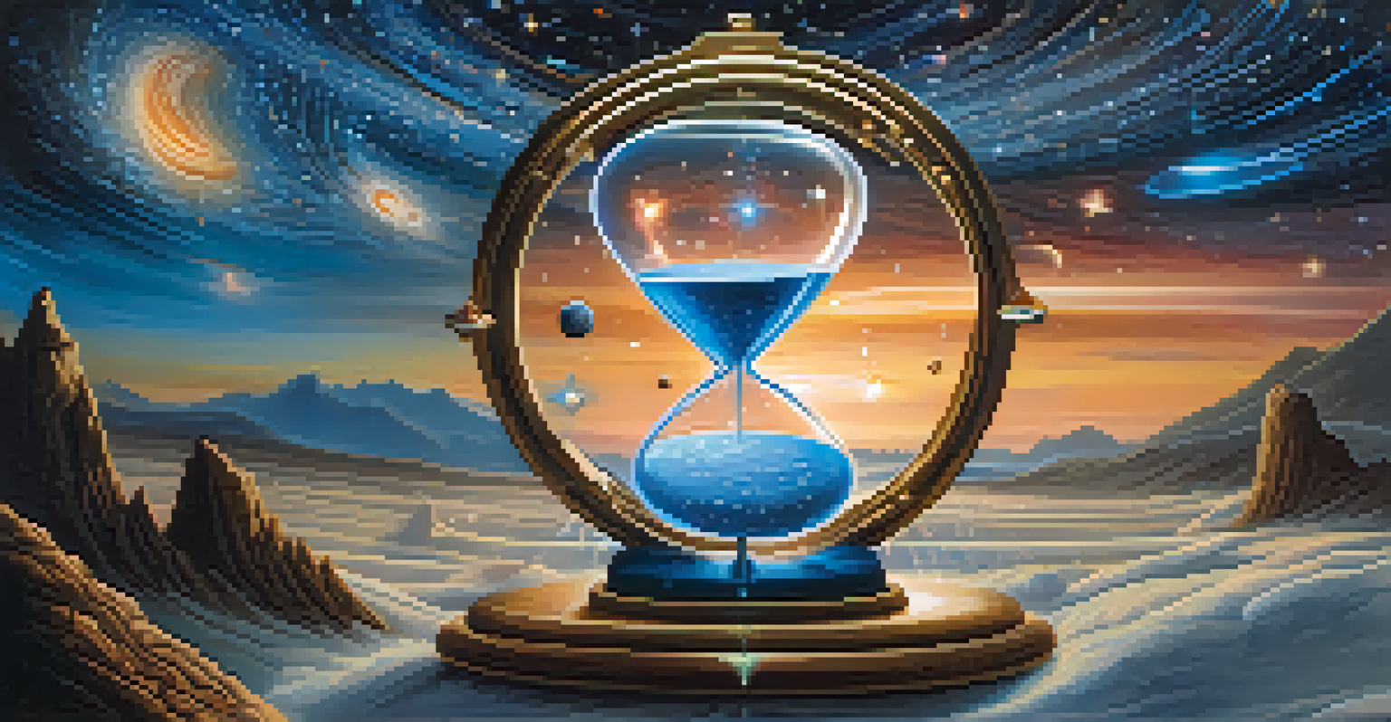 A cosmic scene with a starry sky and swirling galaxies, featuring an hourglass filled with stars, symbolizing time and eternity.