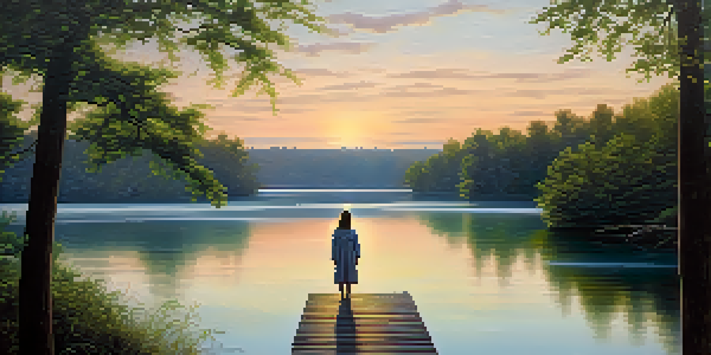 A person standing on a dock at sunrise, arms outstretched, with a calm lake and colorful reflections.