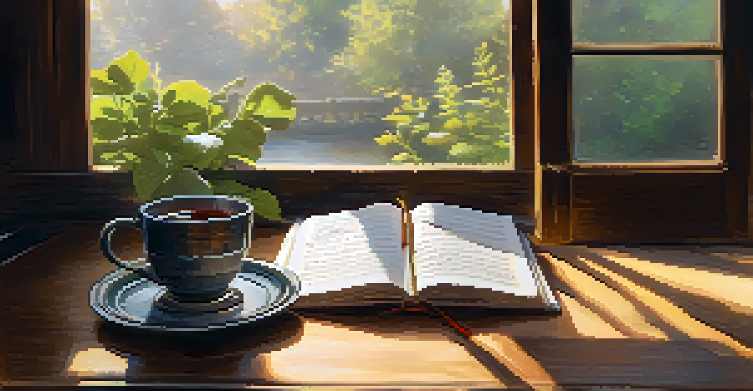An open journal on a wooden table next to a cup of tea, with warm light filtering through a window.