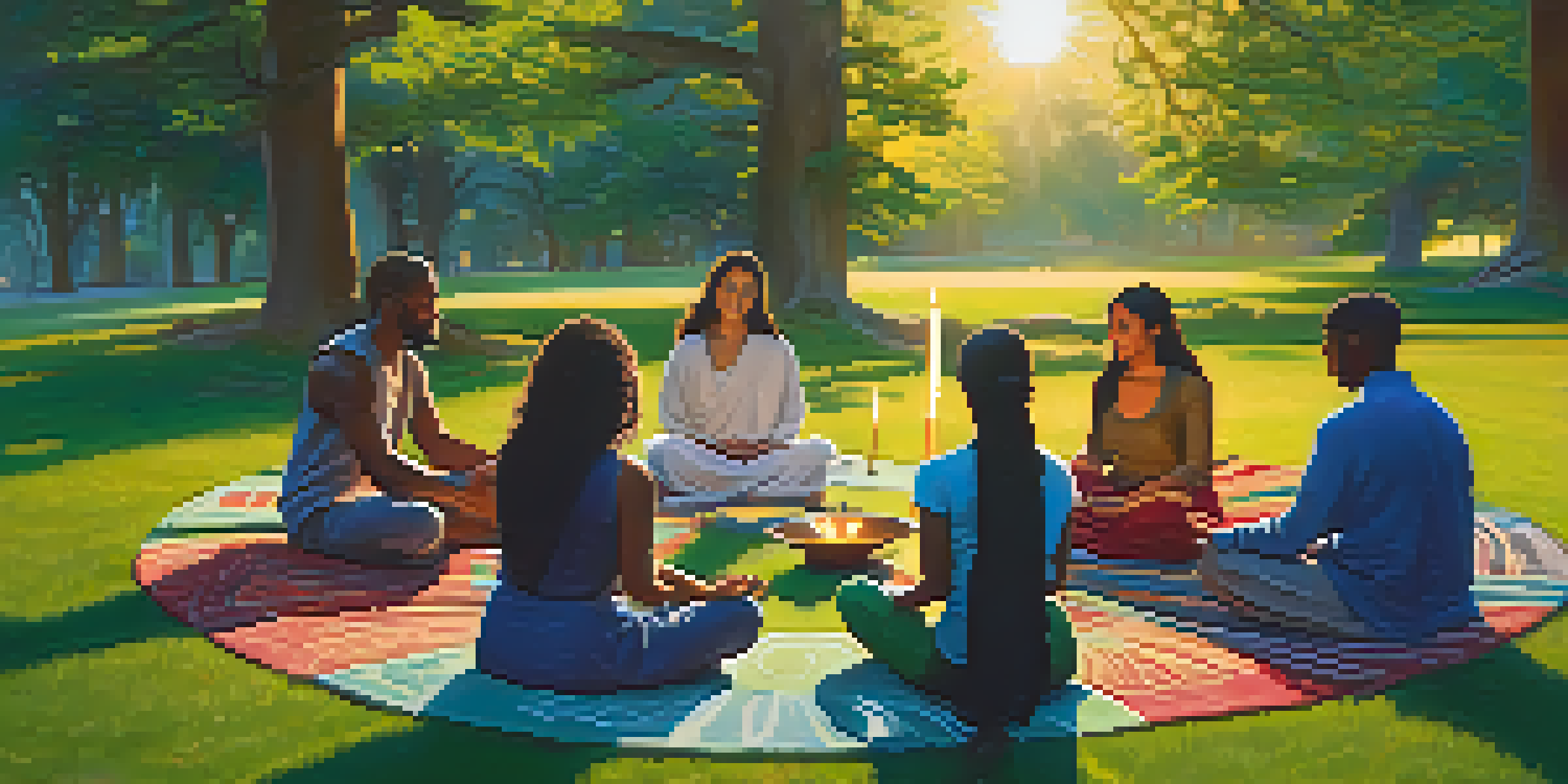 A diverse group of people meditating in a circle on a grassy lawn during sunset, with candles and blankets around them.