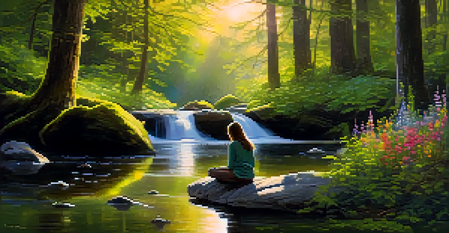 A person meditating in a tranquil forest at dawn, with sunlight filtering through the trees and illuminating a peaceful stream.