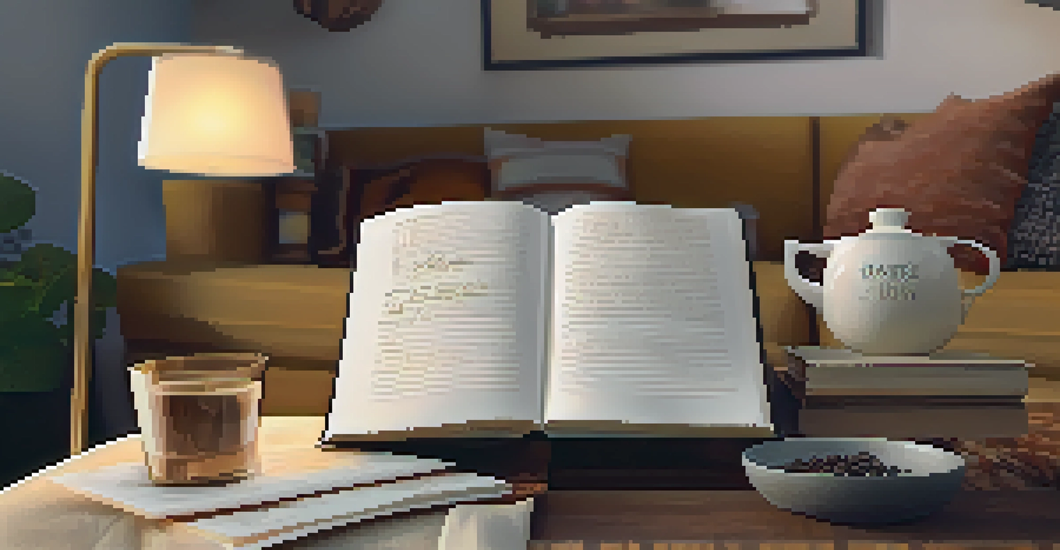 A gratitude journal on a coffee table in a cozy living room, with a cup of tea and warm lighting.
