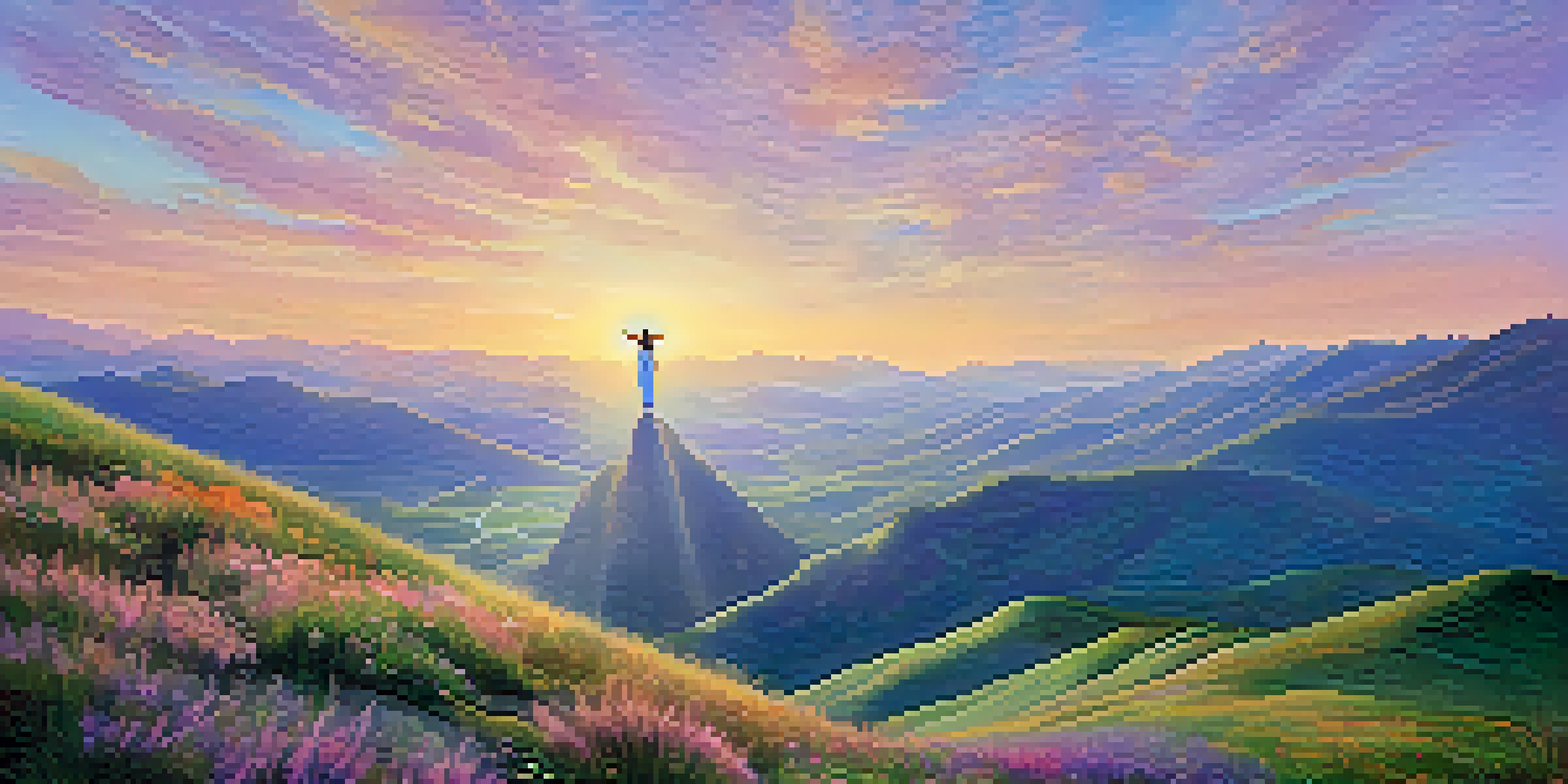 A person on a mountaintop at sunrise, arms open wide, surrounded by a colorful sky and a lush valley below.