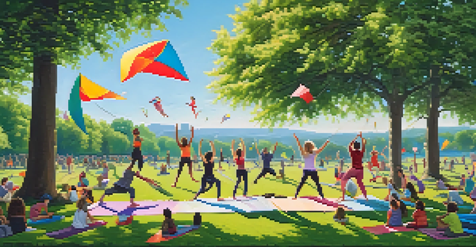 A vibrant park scene with people practicing yoga, laughing, and flying kites under a clear blue sky, surrounded by flowers and trees.