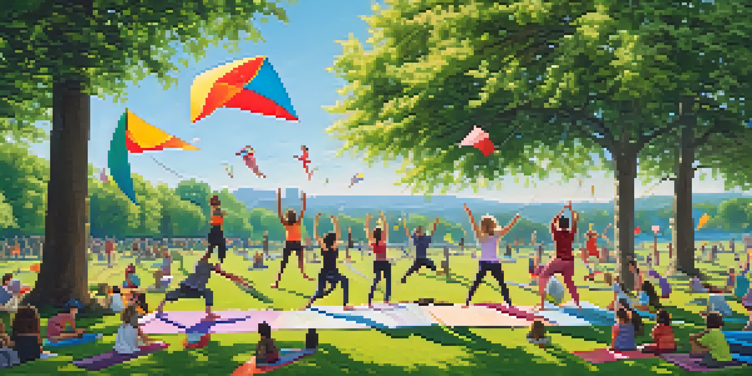A vibrant park scene with people practicing yoga, laughing, and flying kites under a clear blue sky, surrounded by flowers and trees.