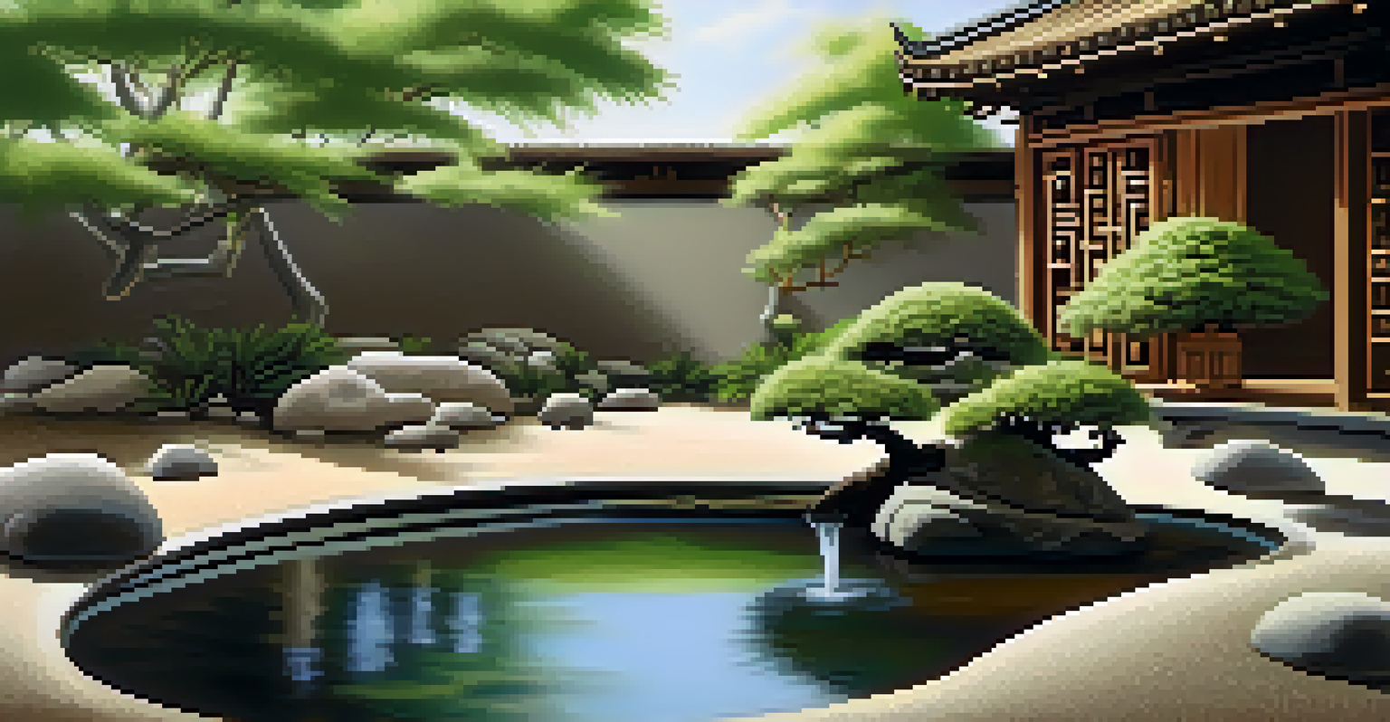 A serene Zen garden with raked sand, stones, bonsai trees, and a bamboo fountain.
