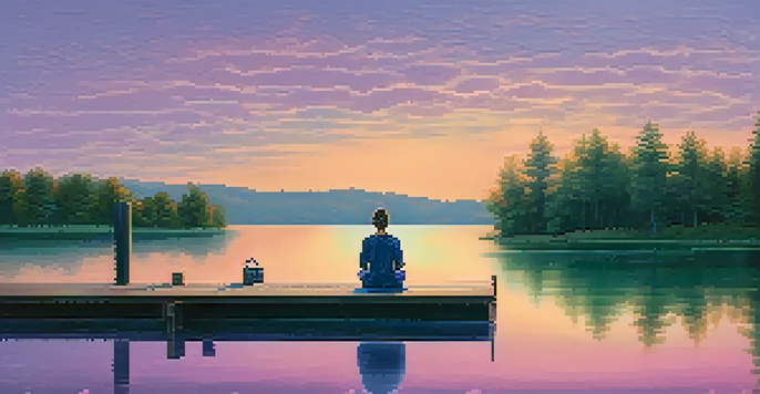 A person meditating on a wooden dock by a lake at sunset, surrounded by trees, with pastel colors reflecting on the water.