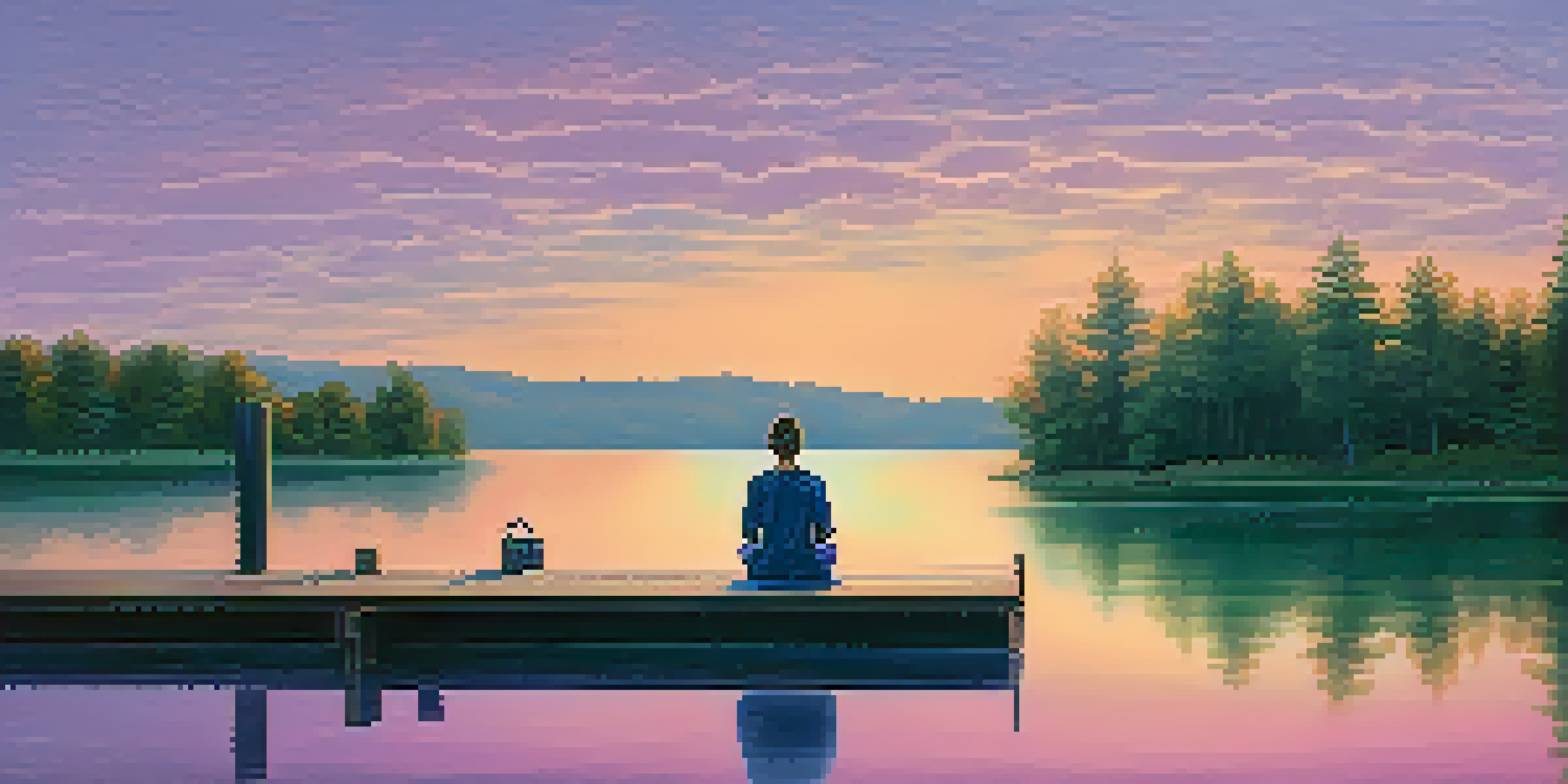 A person meditating on a wooden dock by a lake at sunset, surrounded by trees, with pastel colors reflecting on the water.