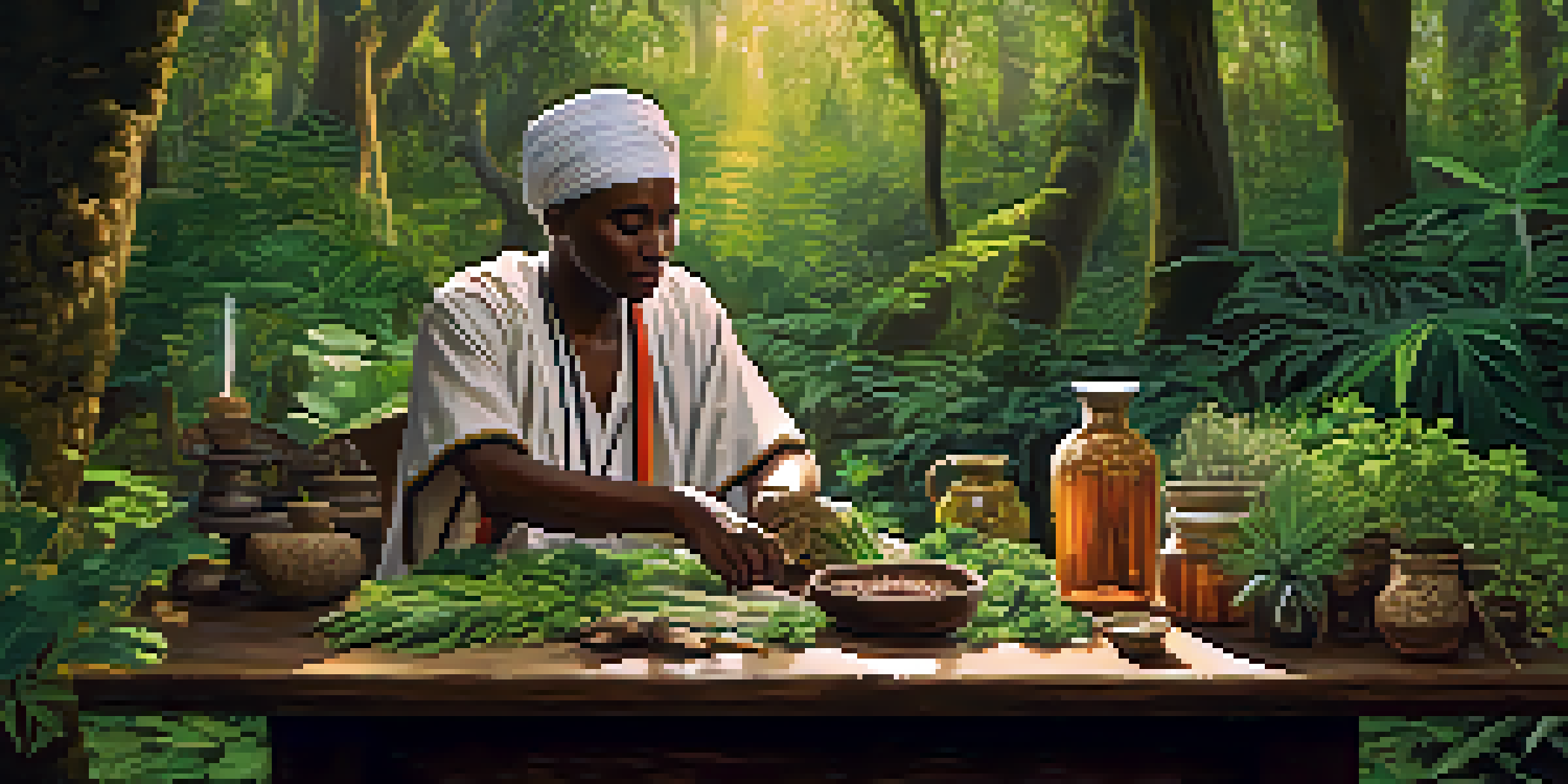 A traditional healer in a forest preparing herbal remedies, with sunlight filtering through the trees.