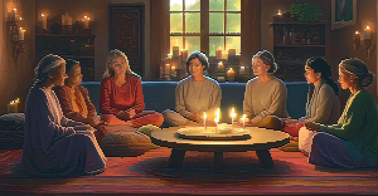 A warm indoor scene of a women's spiritual circle with candles and cushions, where diverse women share stories and connect.