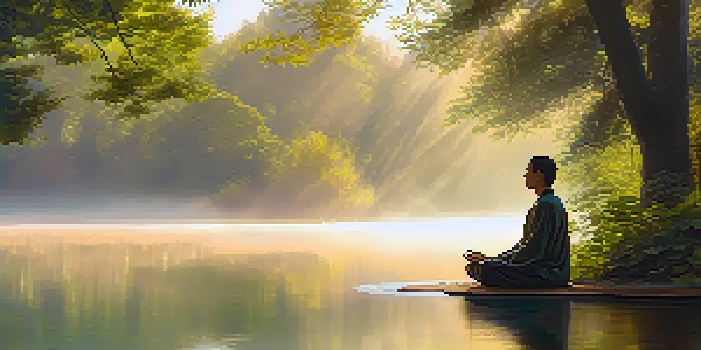 A tranquil scene depicting a person meditating by a lake, surrounded by greenery and morning mist.