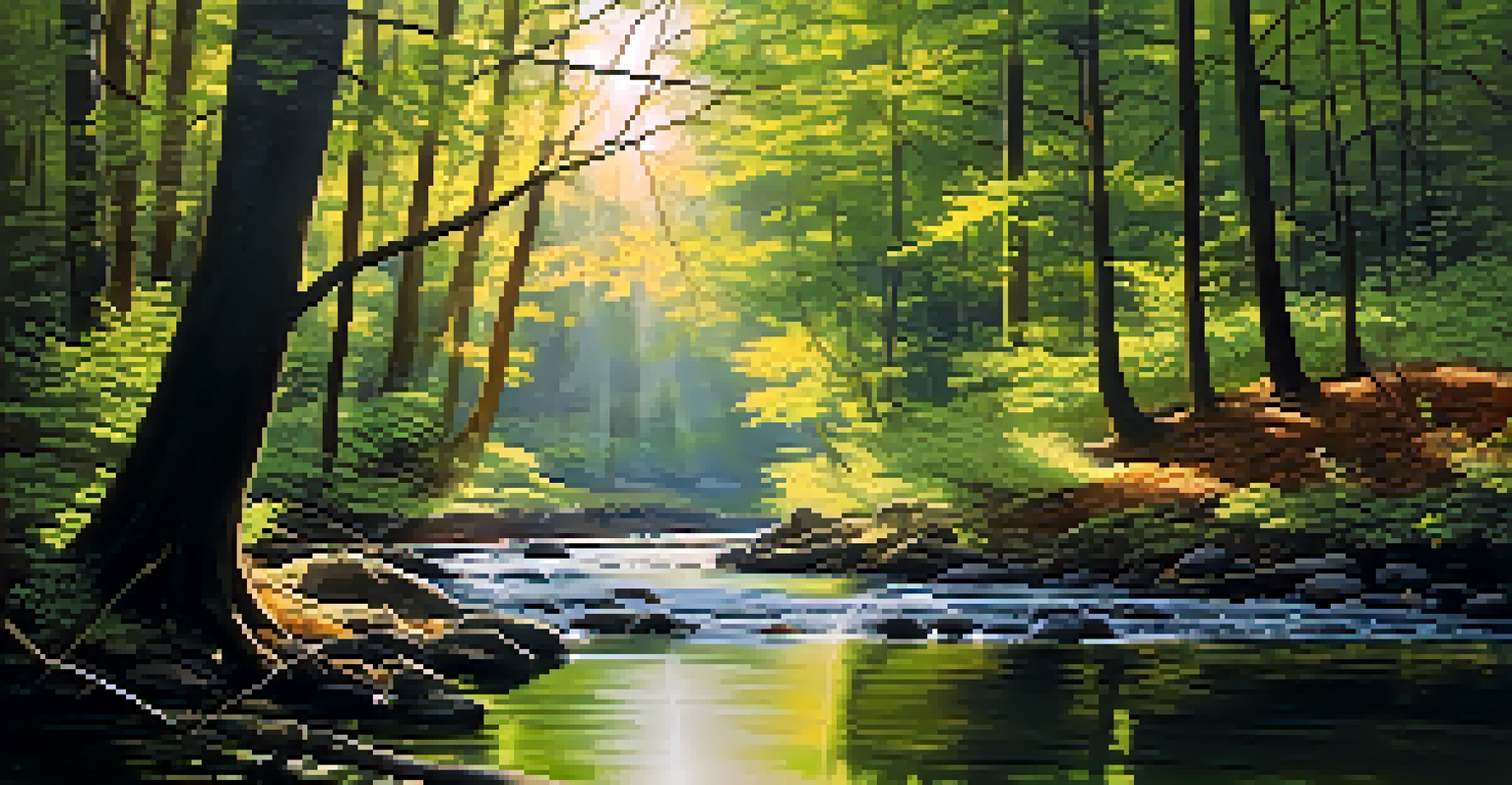 A tranquil forest with sunlight filtering through trees and a flowing stream, evoking a peaceful ambiance.