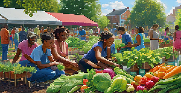 A diverse group of people working together in a community garden, planting vegetables under sunlight.