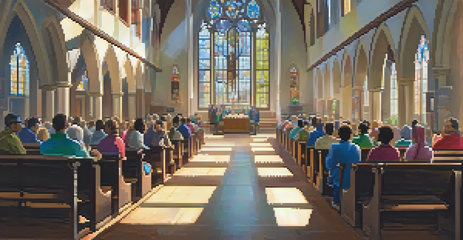 A church interior featuring a financial literacy workshop with participants engaged in learning under colorful stained glass windows.
