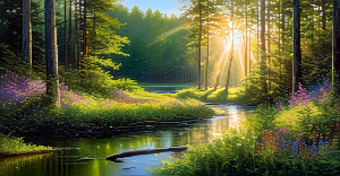 A tranquil forest at sunrise with sunlight filtering through trees and a stream in the foreground.