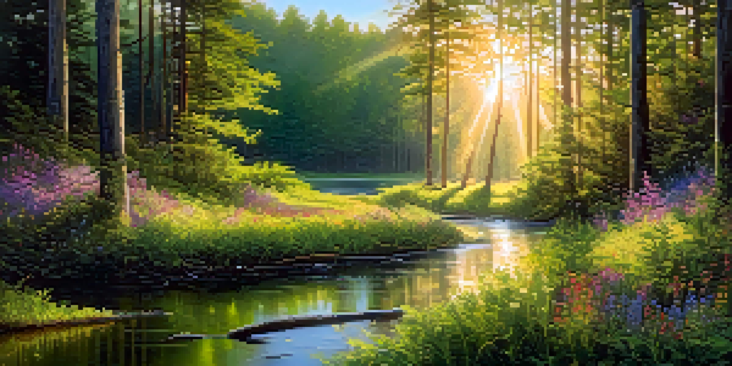A tranquil forest at sunrise with sunlight filtering through trees and a stream in the foreground.