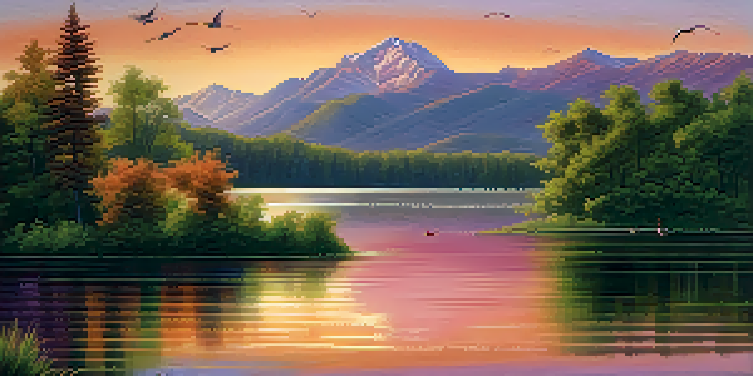 A peaceful lake with sunset colors reflecting on the water, surrounded by trees and mountains.