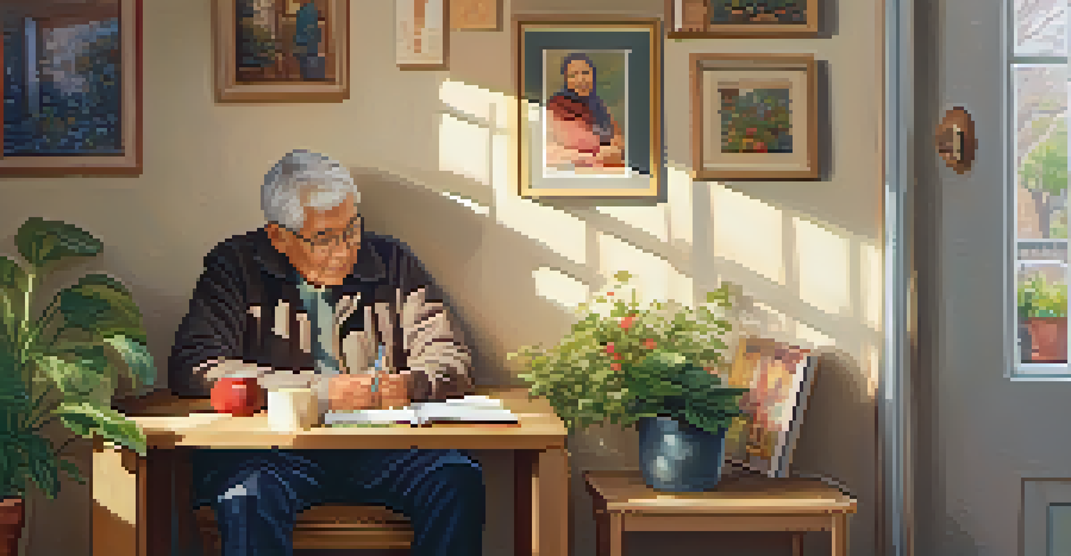 A volunteer sitting with an elderly person in a cozy community center, both engaged in a heartfelt conversation.