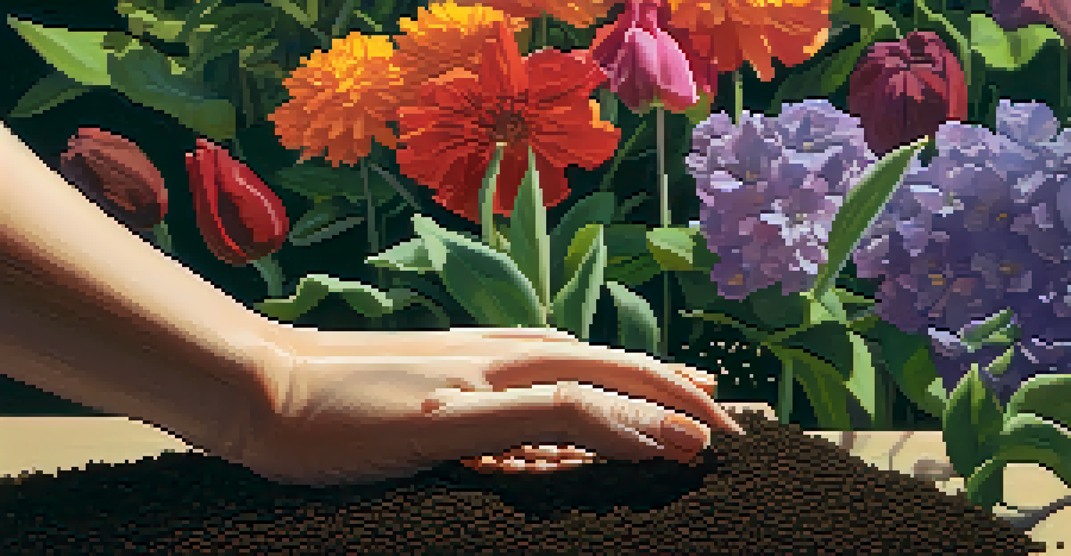 A hand planting a seed in soil with a blooming garden in the background.