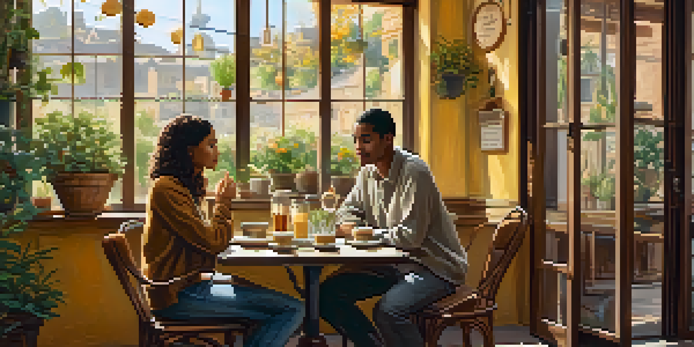 Two individuals in a cozy café having a calm conversation, showcasing empathy and understanding.