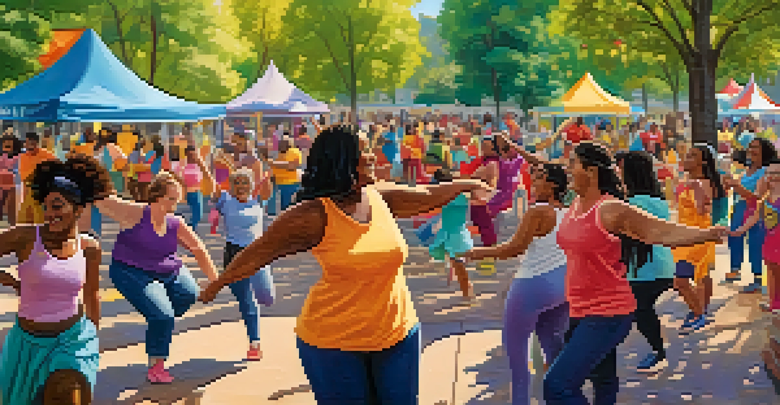 A diverse group of people enjoying a dance class in a park, celebrating body positivity and community support.