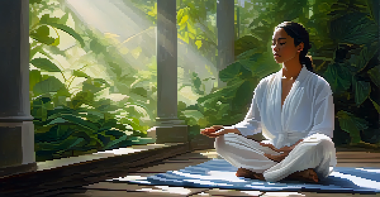 A person meditating outdoors in a serene natural setting, surrounded by greenery and sunlight, embodying peace and mindfulness.