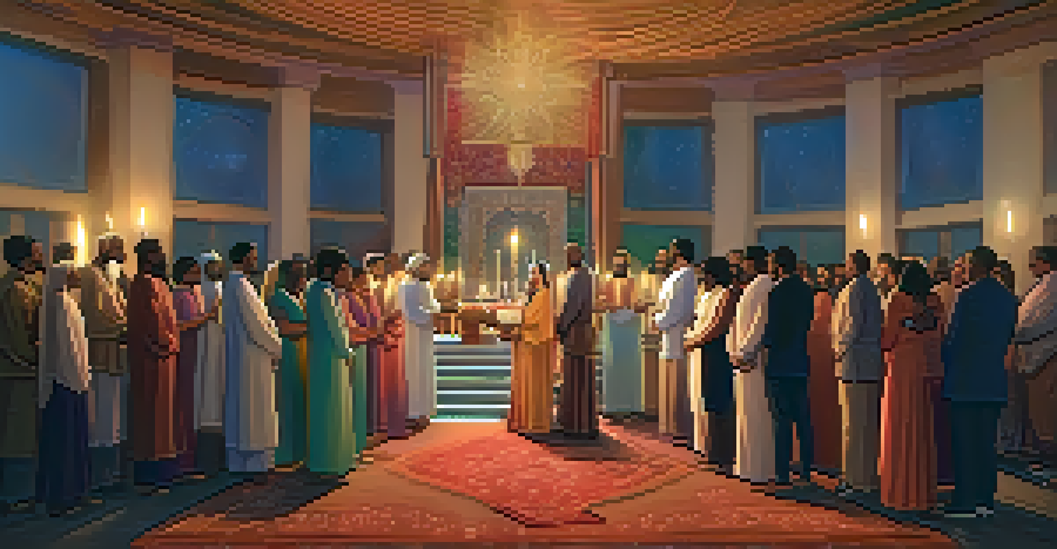 An interfaith ceremony in a decorated community hall with people holding candles and sharing stories.