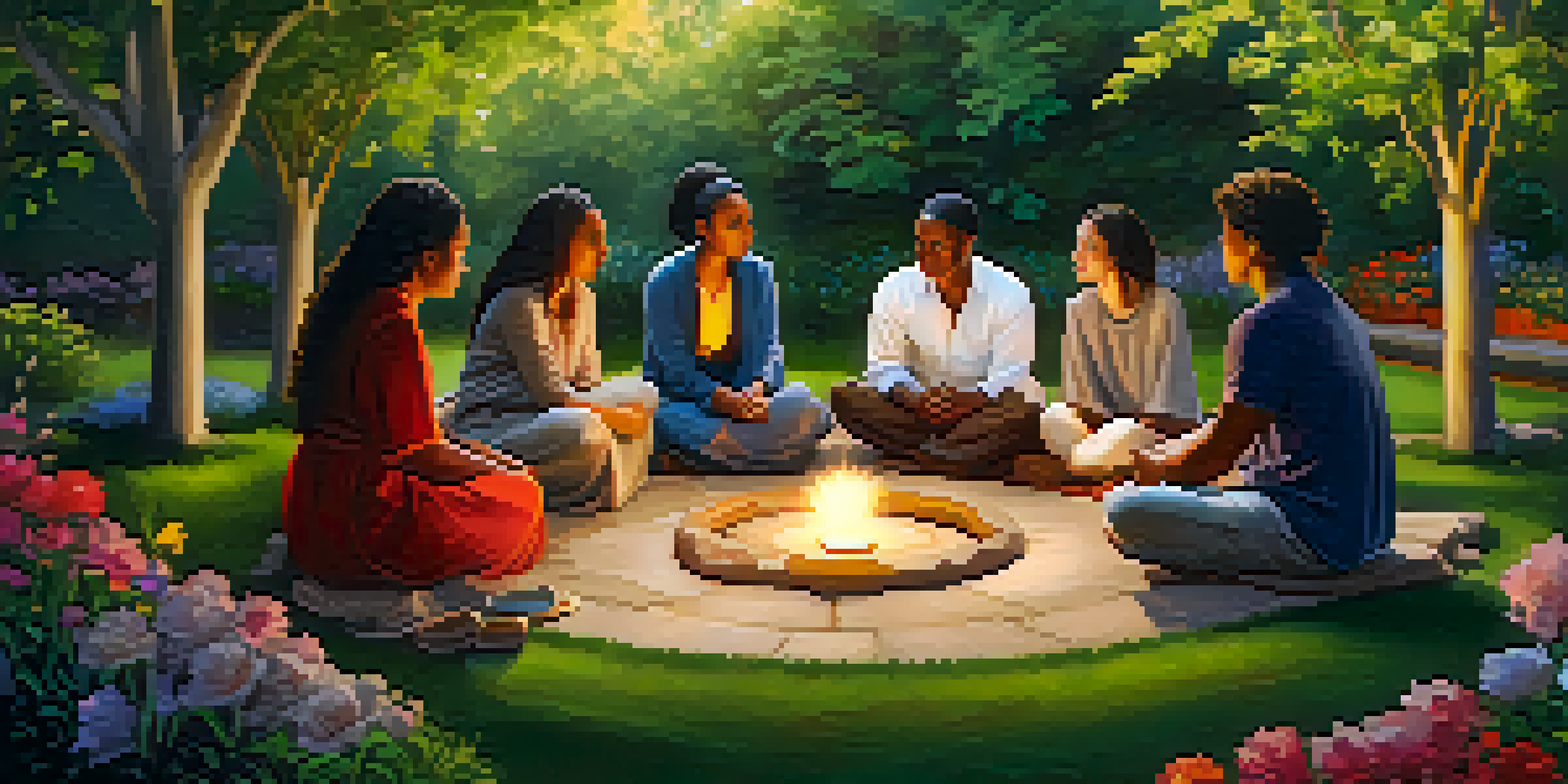 A diverse group of people sitting in a circle in a garden, discussing and supporting each other during a healing session.