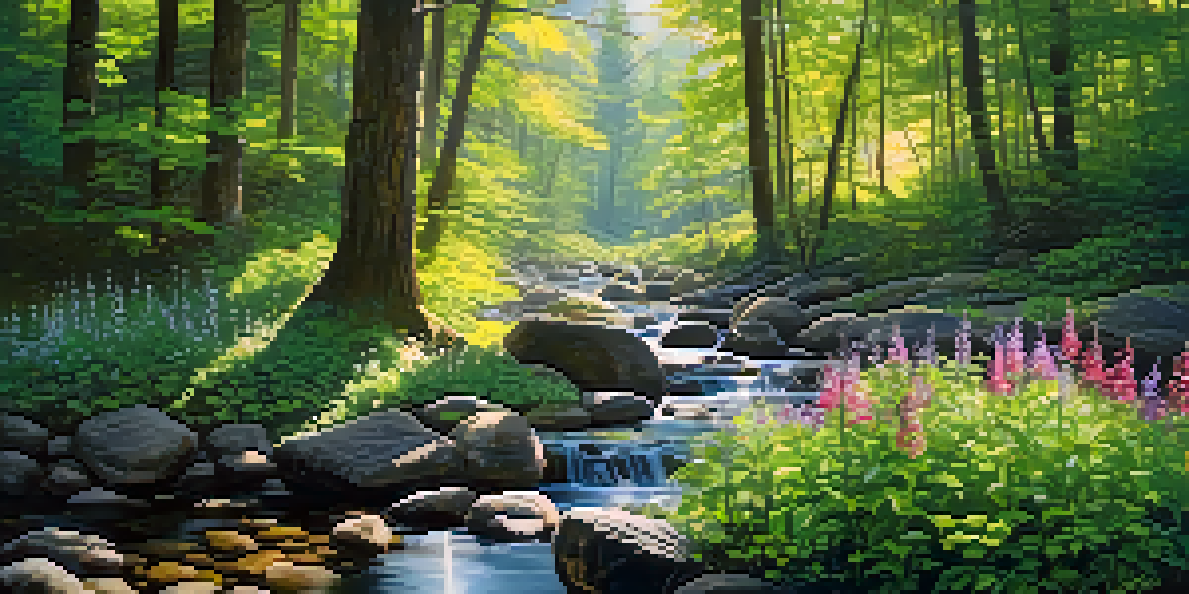 A peaceful forest with sunlight shining through the leaves, a stream flowing over stones, and colorful wildflowers blooming.