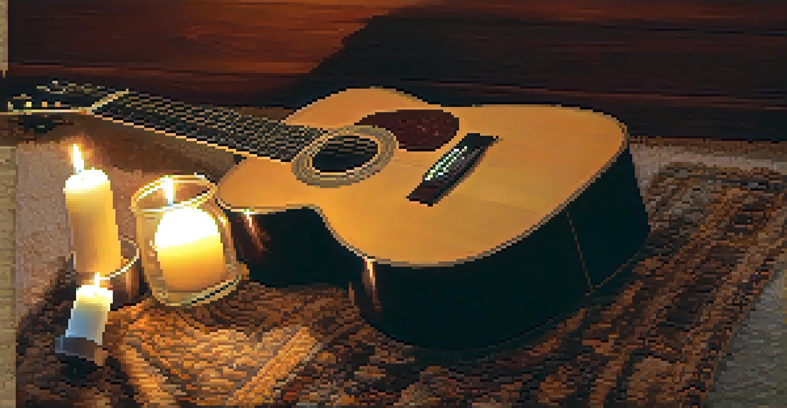 An acoustic guitar on a rug with a lit candle, creating a warm and inviting atmosphere.