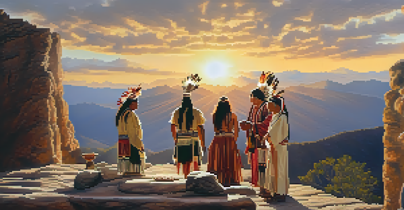 A sacred Native American ceremony on a mountain, with traditional attire and a dramatic landscape under a warm golden sky.