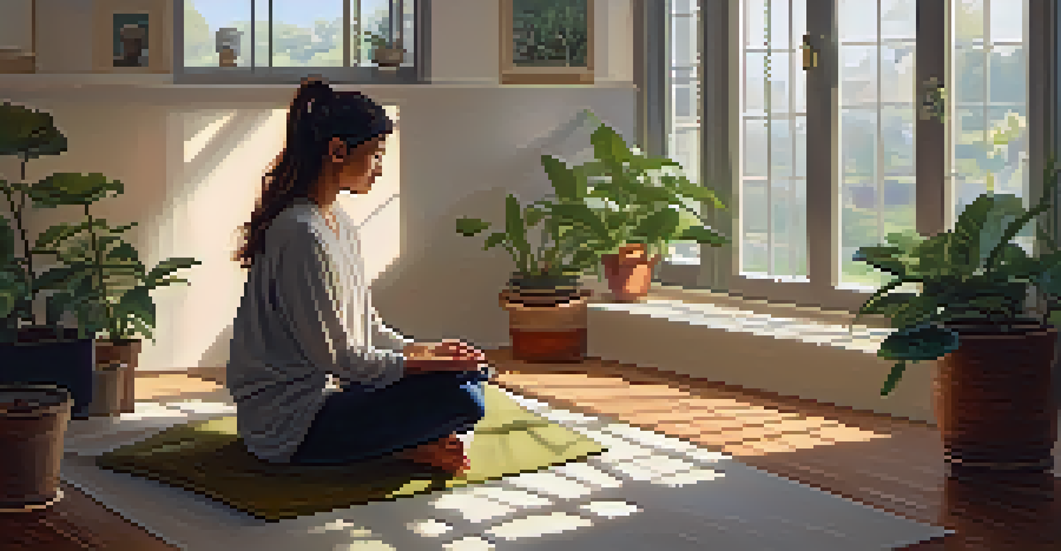 A cozy indoor meditation space with cushions, candles, and a person sitting cross-legged in mindfulness.