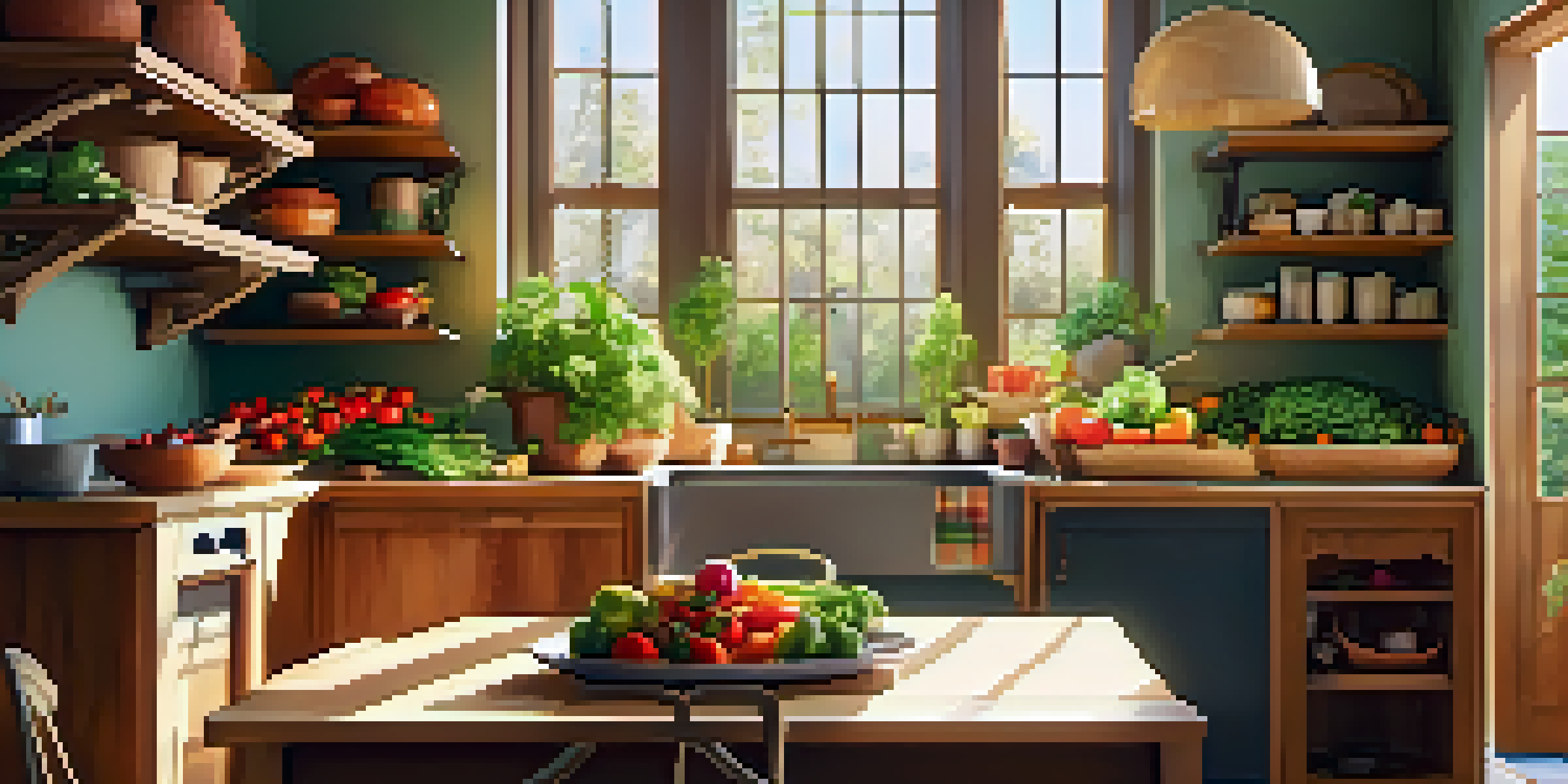A cozy kitchen with a wooden table filled with fresh vegetables and fruits, illuminated by sunlight.