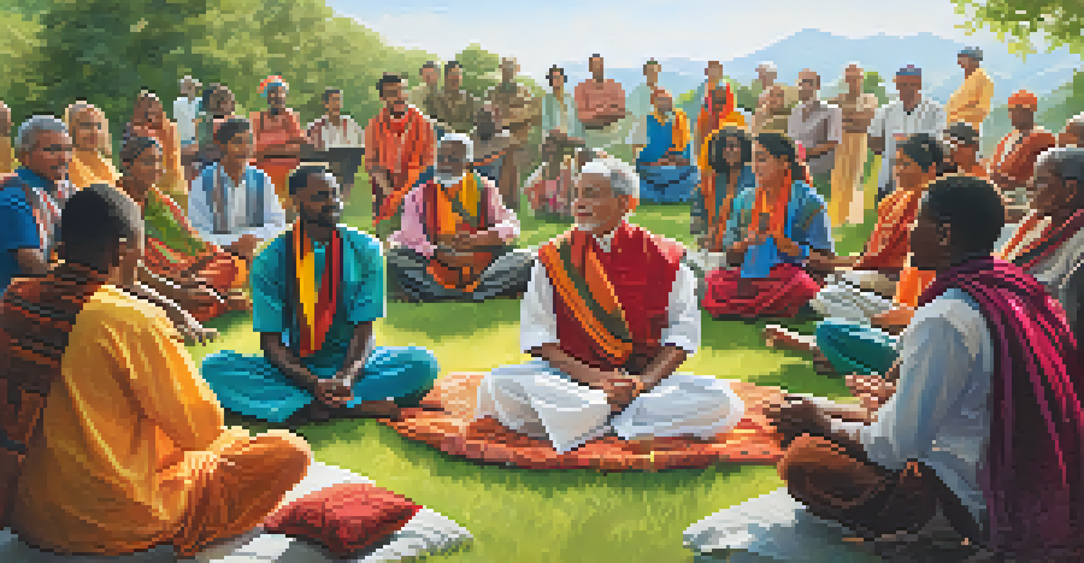 A group of people sitting in a circle outdoors, engaged in chanting together, surrounded by greenery and colorful cushions.