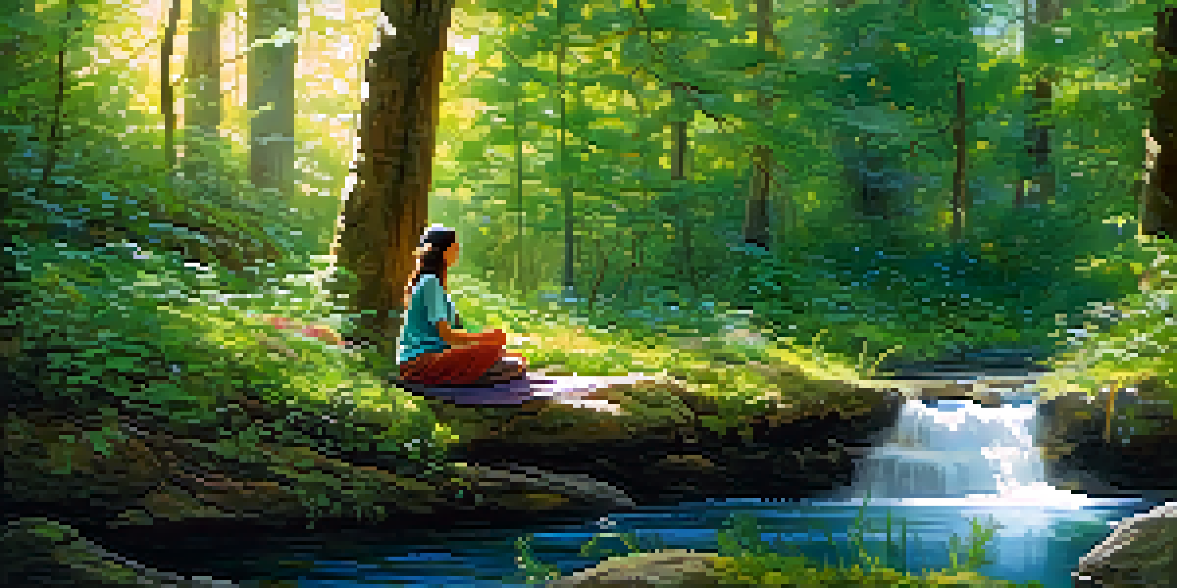 A person meditating in a peaceful forest clearing, surrounded by flowers and sunlight.