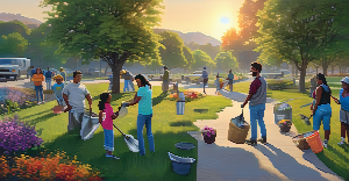 A diverse group of people happily working together to clean up a park at sunset, with flowers being planted and litter being collected.
