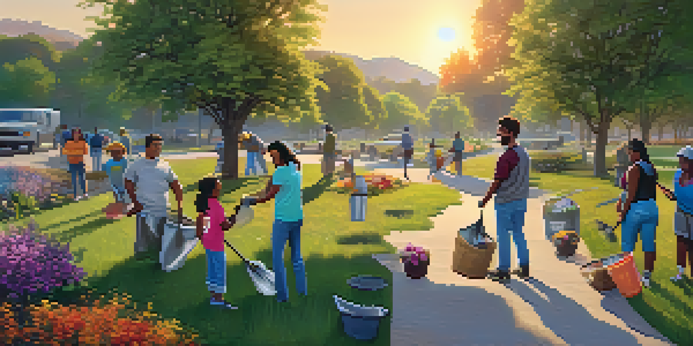 A diverse group of people happily working together to clean up a park at sunset, with flowers being planted and litter being collected.